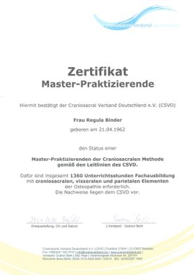Zertifikat Regula Binder, Master-Praktizierende Craniosacrale Therapie Nürnberg, Craniosacral Verband Deutschland e.V.